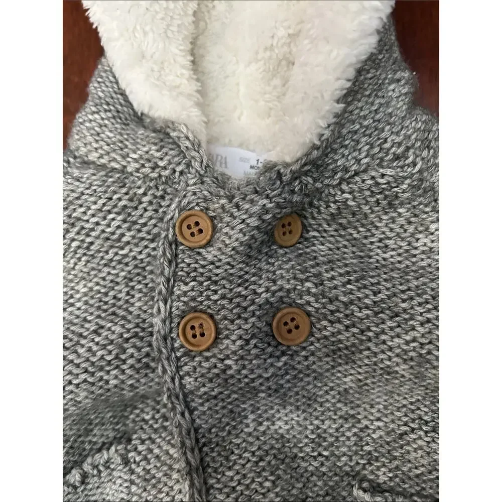 Zara Kid’s Gray Knit Hooded Baby Sweater with Cream Sherpa Lining, Size 1-3 M